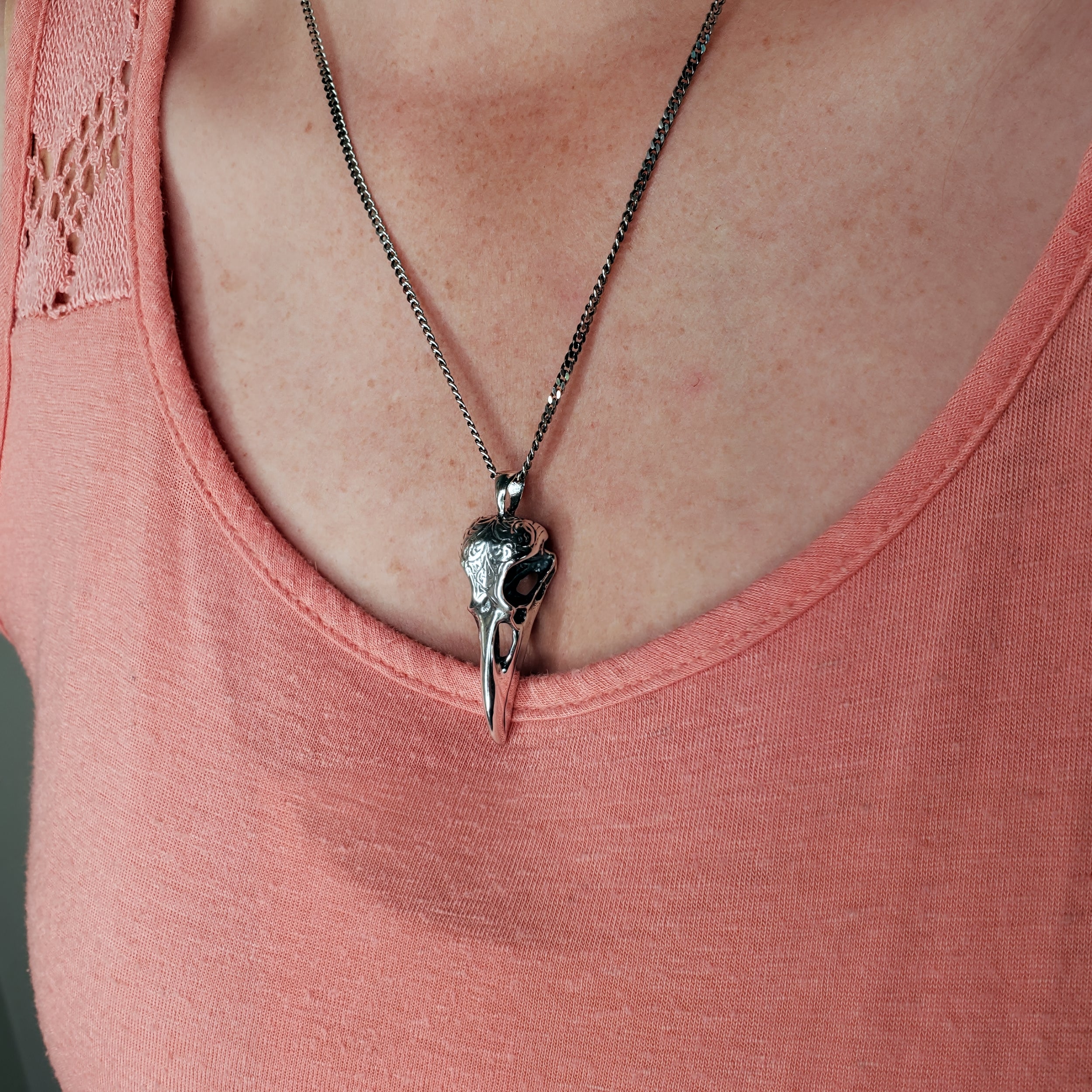 Engraved Raven Skull Pendant Necklace - Solid Hand Cast Stainless Steel - Polished Finish - Multiple Chain Options - Unisex Bird Skull Gift