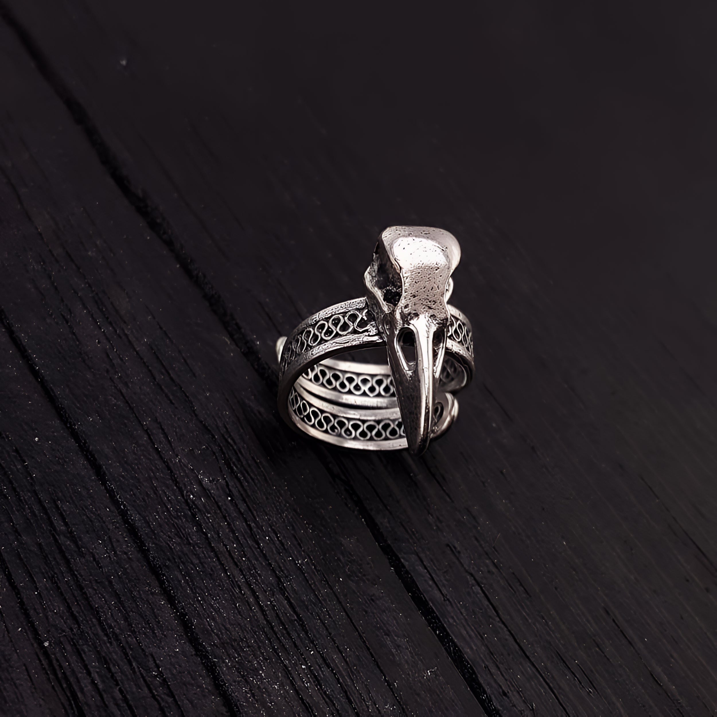 Silver Raven Skull Wrap Ring Sizes 4 to 13 Solid Hand Cast Silver Plated Bronze - Moon Raven Designs