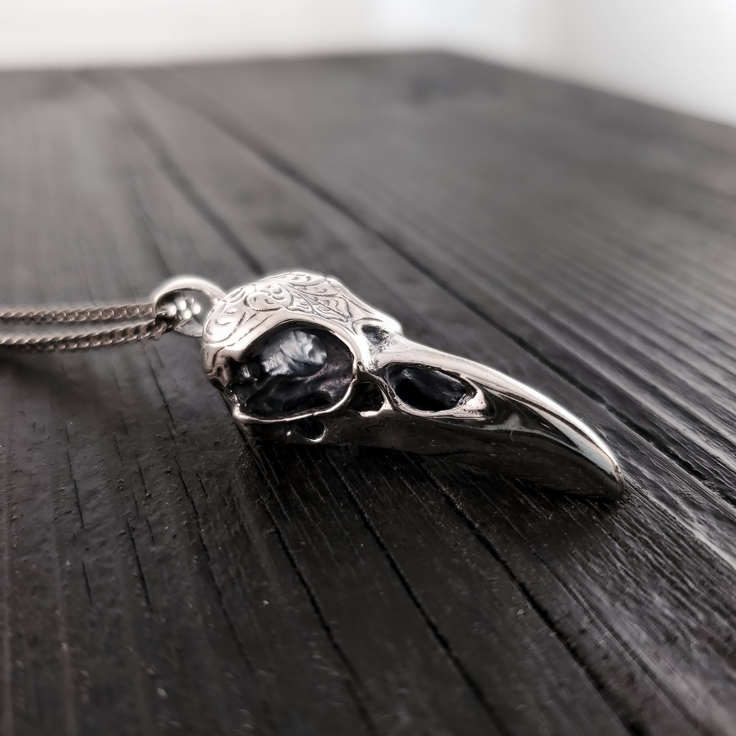 Engraved Raven Skull Pendant Necklace - Solid Hand Cast Stainless Steel - Polished Finish - Multiple Chain Options - Unisex Bird Skull Gift