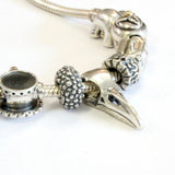 Raven Skull Charm - Solid Sterling Silver European Bead, Pandora Compatible
