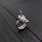 Unicorn Skull Ring – Silver Plated Fantasy Statement Ring with Spiral Horn Accessory