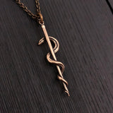 Rod Of Asclepius Pendant – Bronze Medical Necklace With Serpent Staff Symbol