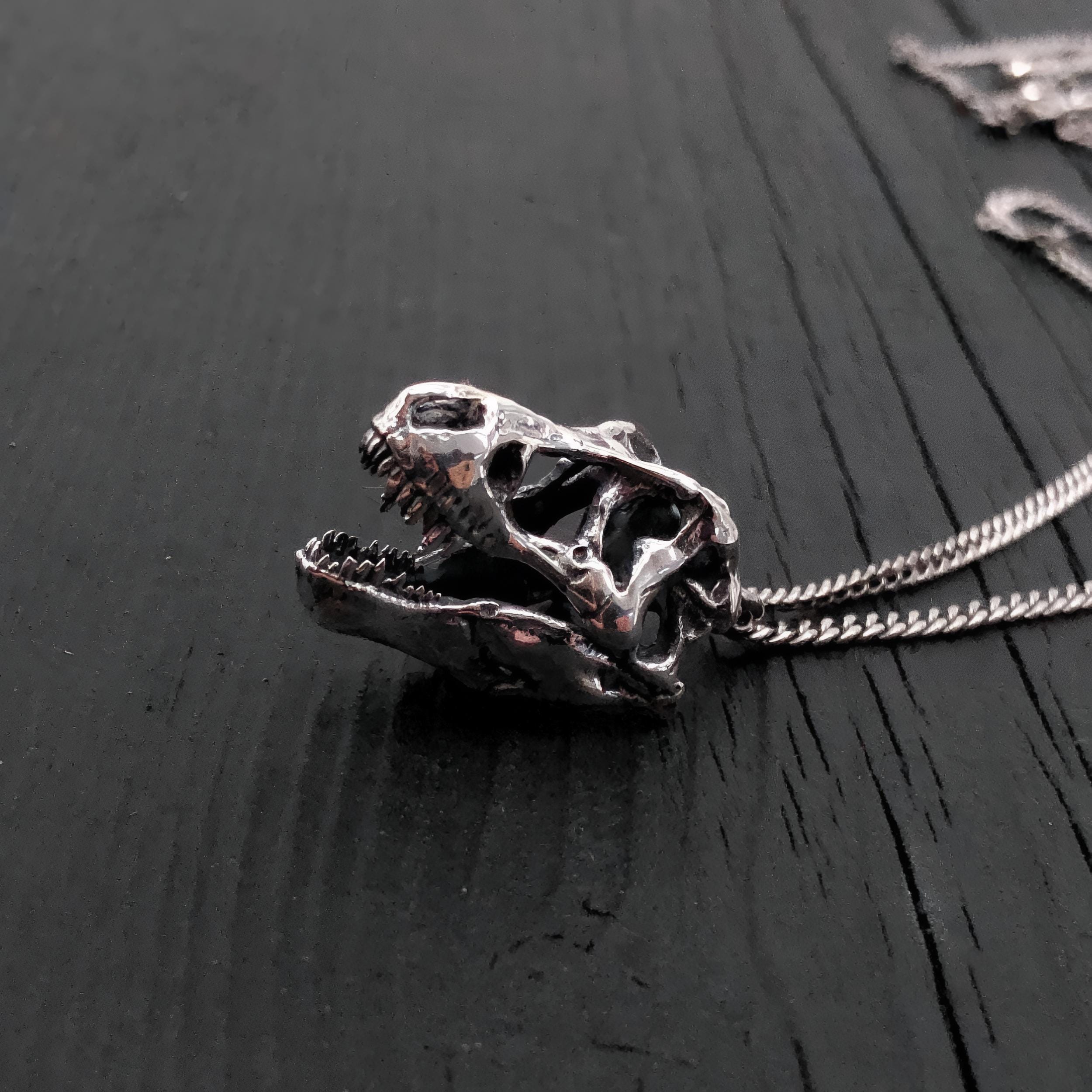 Silver T-Rex Skull Pendant Necklace in Solid Hand Cast Sterling Silver - Tyrannosaurus Rex - Rare and Unique Dinosaur Jewelry