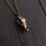 Wolf Skull Necklace - Bronze Skull Pendant With Detailed Carved Wolf Jewelry